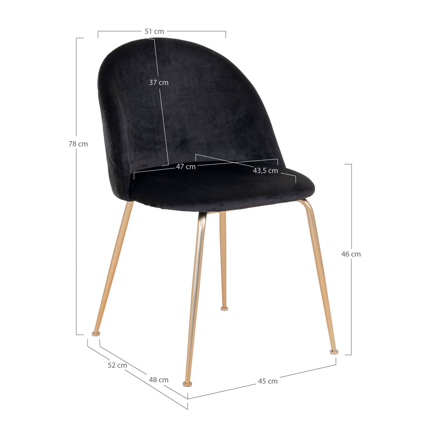 Scaun de dining din catifea, negru, cu picioare cu aspect alama