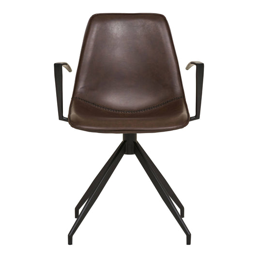 Scaun de dining rotativ cu cotiere, piele PU, maro inchis cu picioare negre