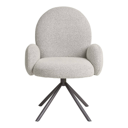 Scaun de dining rotativ cu cotiera, bouclé, nisipiu, picioare gri