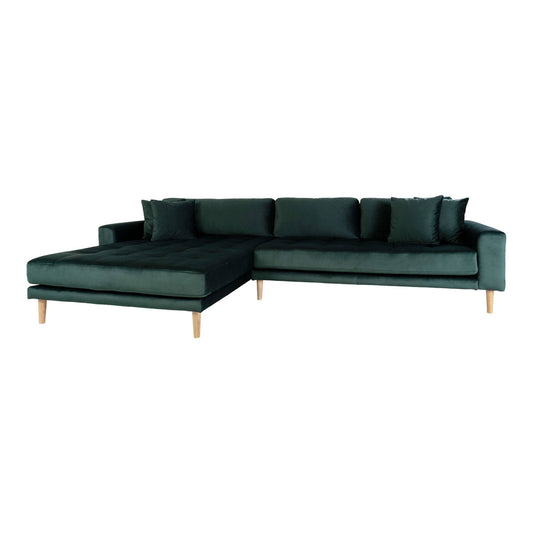 Canapea lounge cu orientare stanga, verde inchis , din catifea, cu 4 perne si picioare din lemn natur