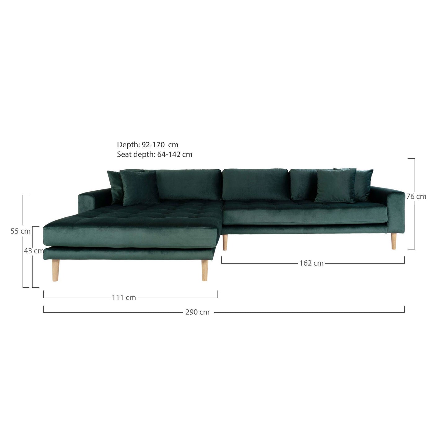 Canapea lounge cu orientare stanga, verde inchis , din catifea, cu 4 perne si picioare din lemn natur