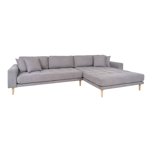 Canapea lounge, orientare dreapta, gri deschis, cu 4 perne si picioare din lemn natur