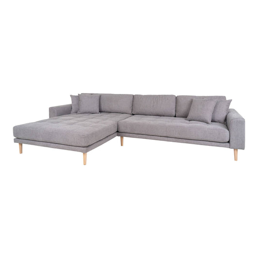 Canapea lounge, orientare stanga, gri deschis, cu 4 perne si picioare din lemn natur