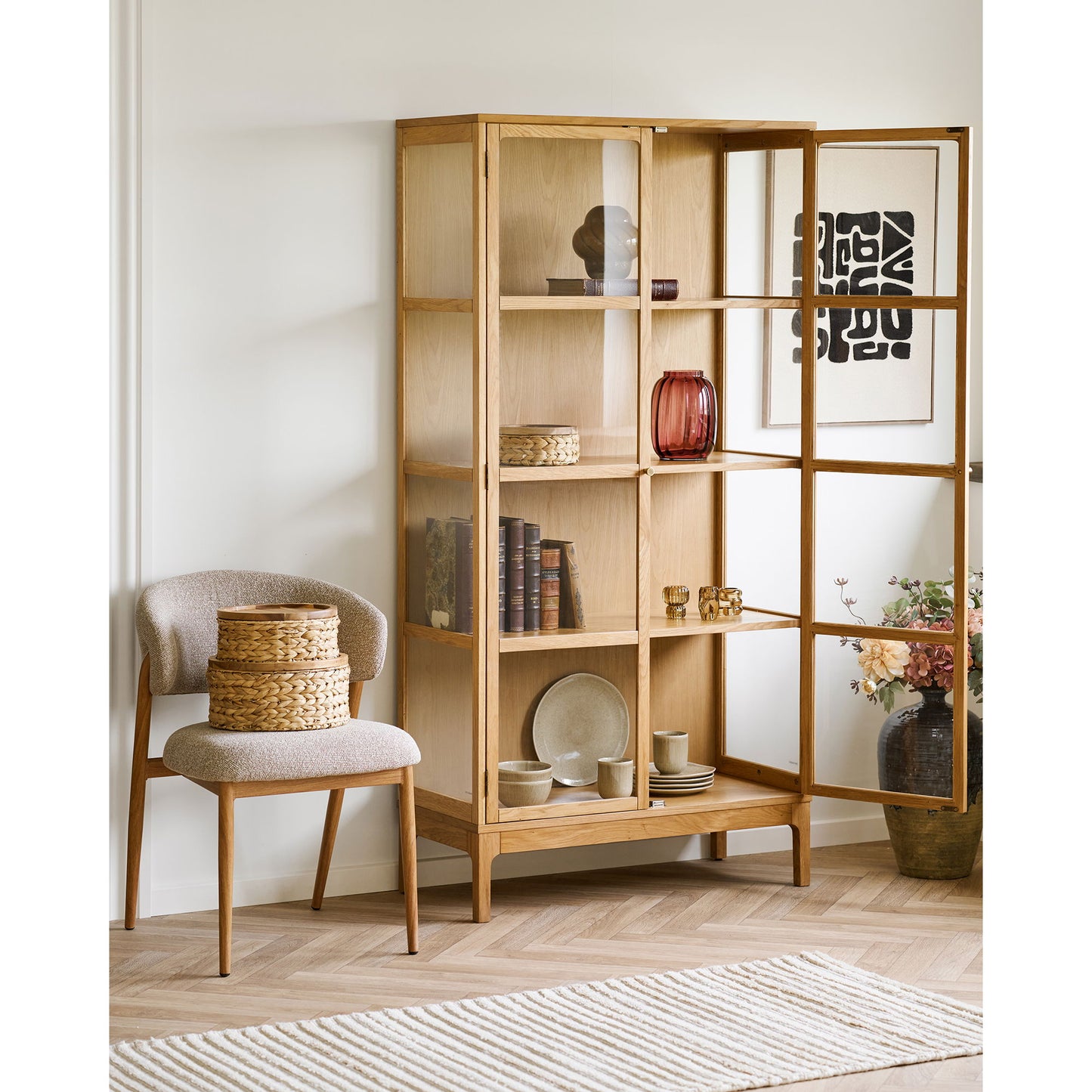 Vitrina cu 2 usi de sticla, 3 rafturi, stejar/furnir de stejar/sticla calita, detaliu