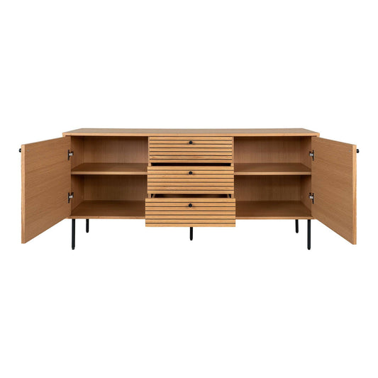 Comoda cu 3 sertare, 2 usi, furnir de stejar, natur, picioare metalice negre, cu usi deschise