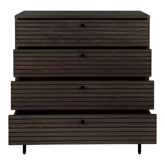 Comoda cu 4 sertare, furnir de stejar afumat, picioare metalice negre
