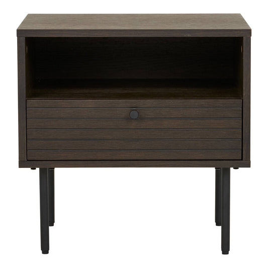 Noptiera cu 1 sertar, furnir de stejar, smoked, picioare metalice negre