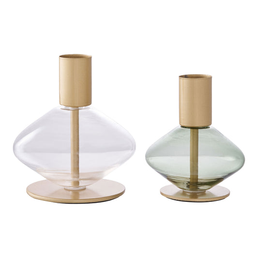 Suport pentru lumanare din sticla/metal, transparent/verde, set de 2