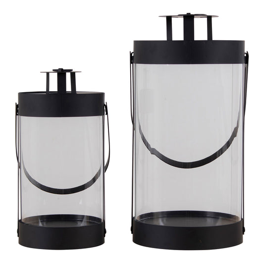 Felinare din otel/sticla pentru lumanari, negru set de 2