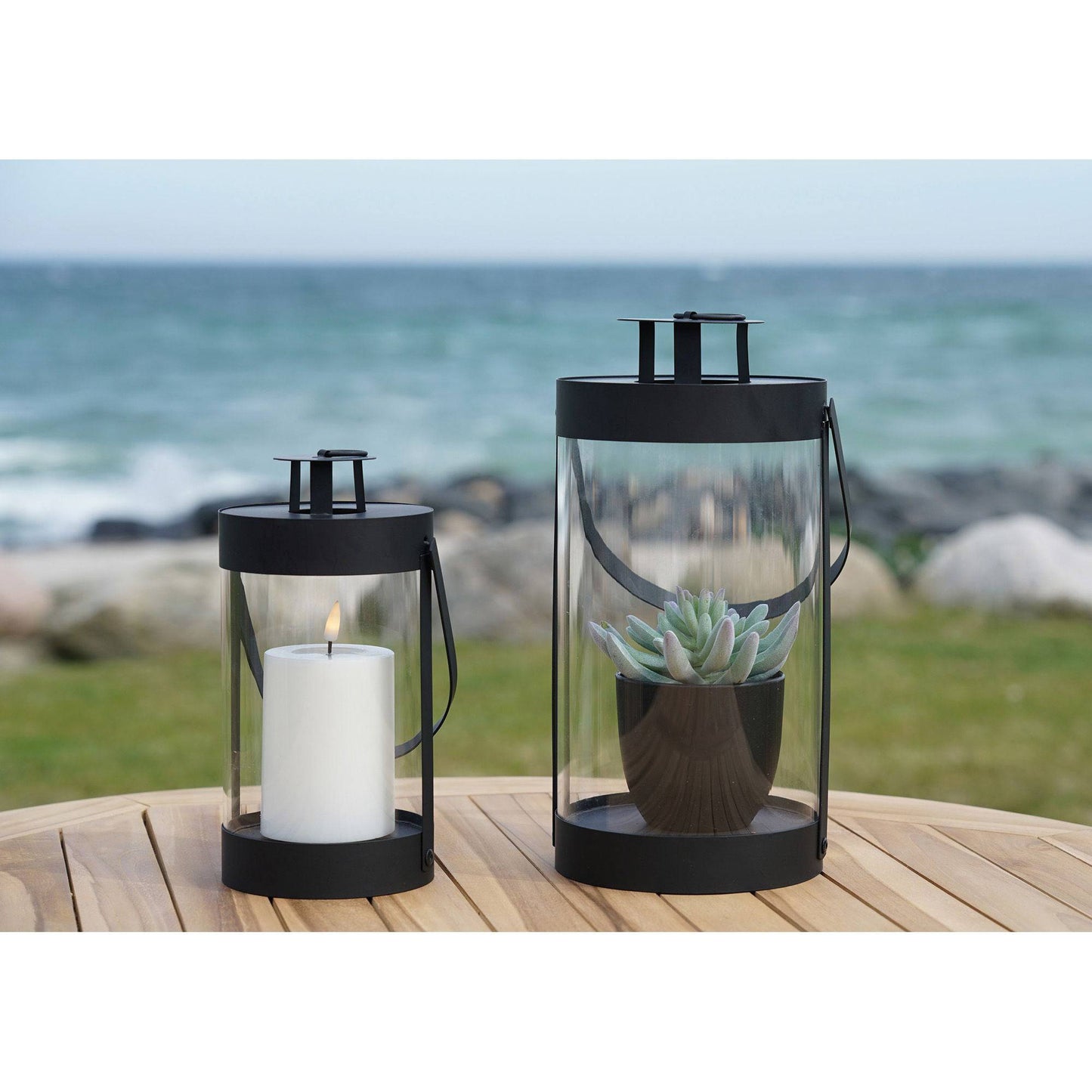 Felinare din otel/sticla pentru lumanari, negru set de 2