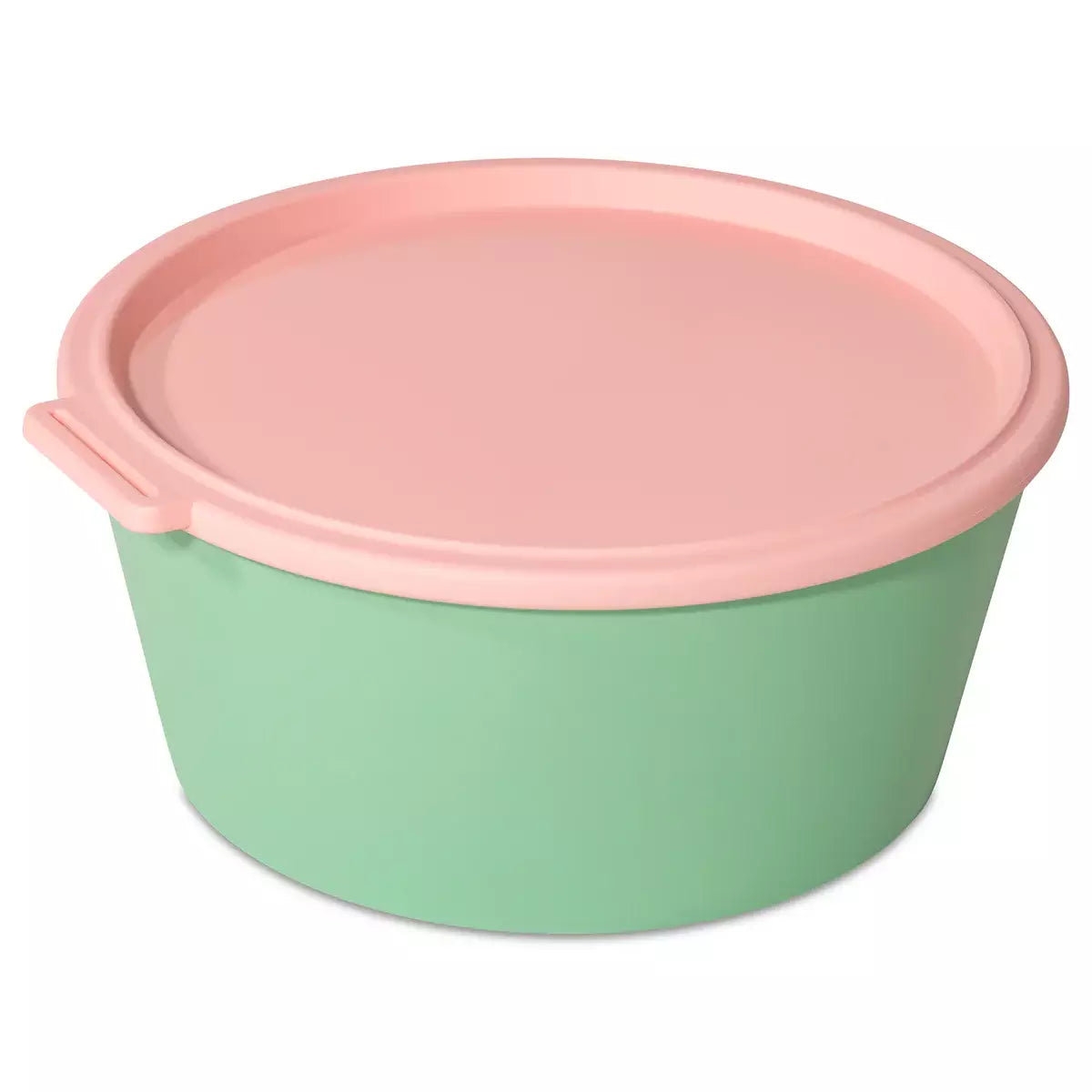 Cutie alimentara verde, cu capac roz, pe fundal alb