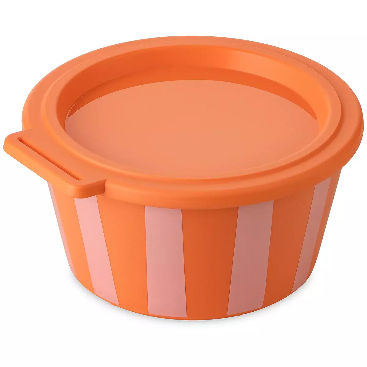 Cutie alimentara cu model in dungi si capac portocaliu, pe fundal alb