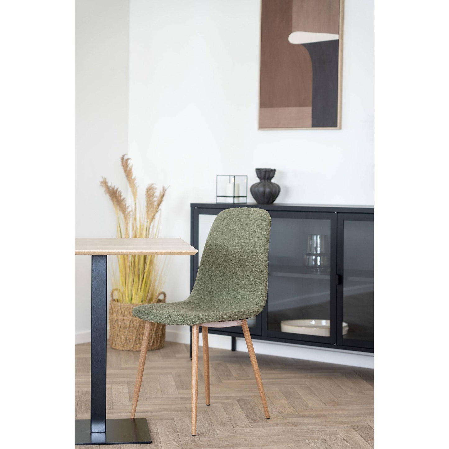  Scaun de dining, material bouclé, verde inchis, picioare cu aspect de lemn - living bej
