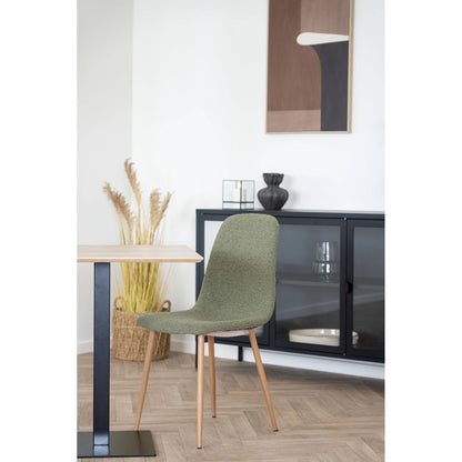  Scaun de dining, material bouclé, verde inchis, picioare cu aspect de lemn - living bej