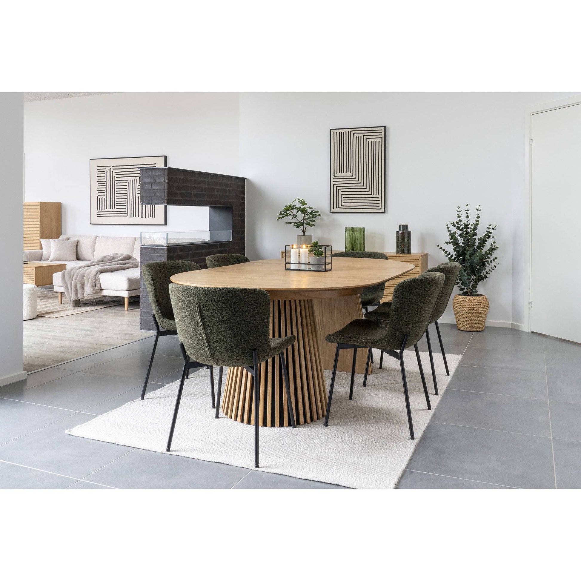 Scaun de dining, material bouclé, verde inchis, picioare negre - living modern