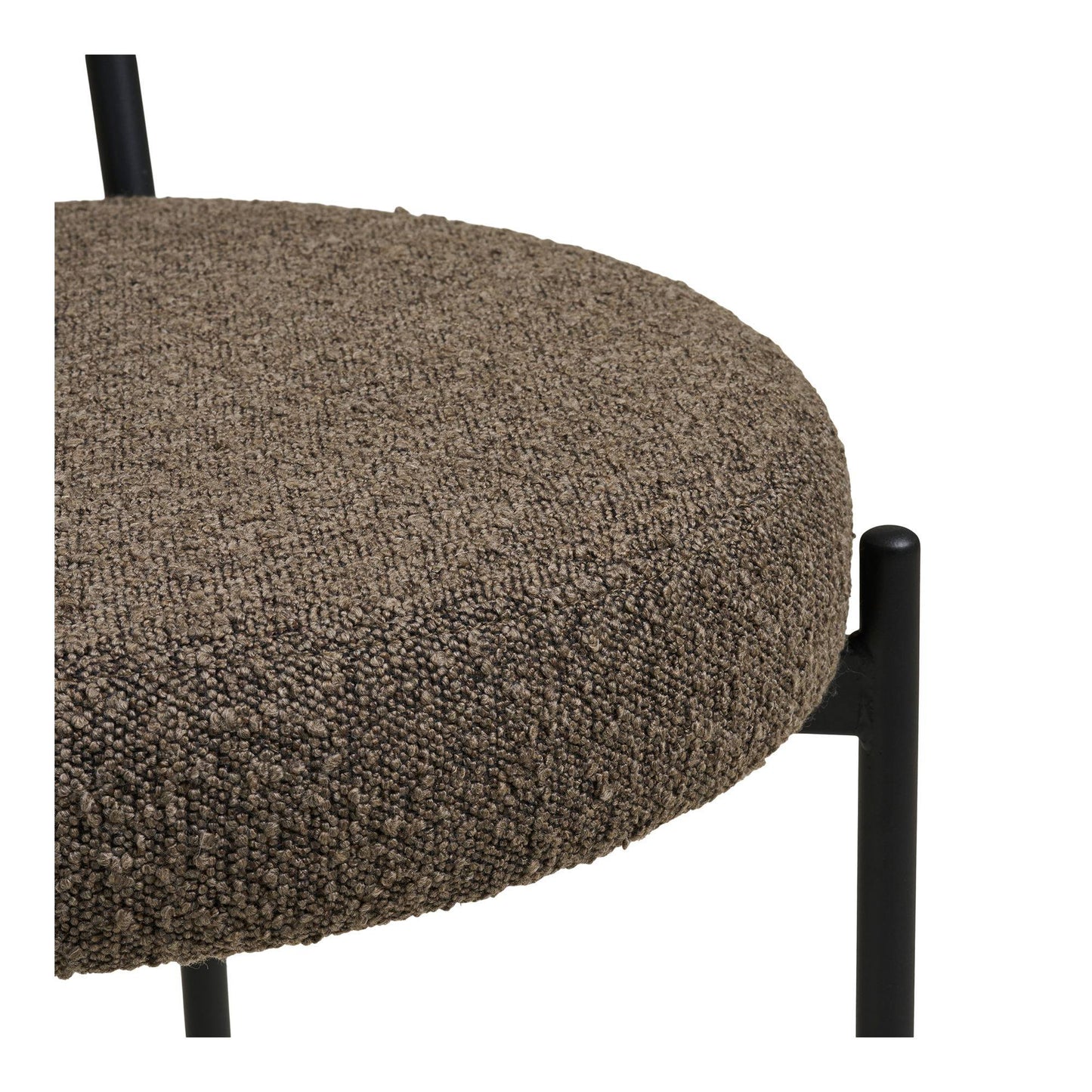 Scaun de dining din material bouclé, maro, picioare negre, detaliu