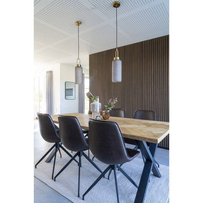 Scaun de dining rotativ din piele PU, maro inchis, picioare negre, in living contemporan