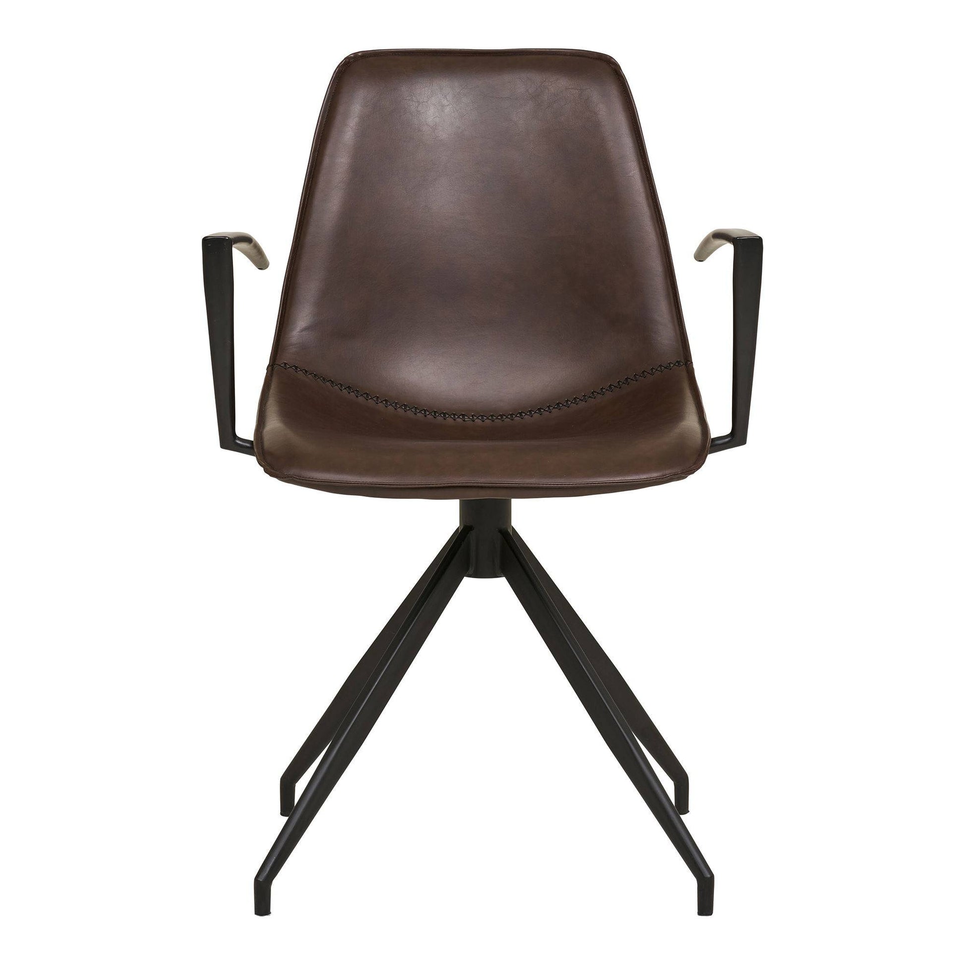 Scaun de dining rotativ cu cotiere, piele PU, maro inchis cu picioare negre