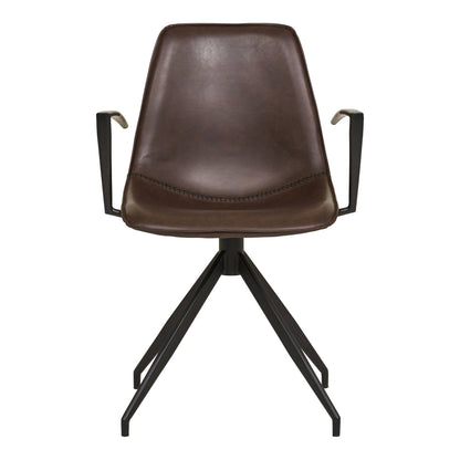 Scaun de dining rotativ cu cotiere, piele PU, maro inchis cu picioare negre