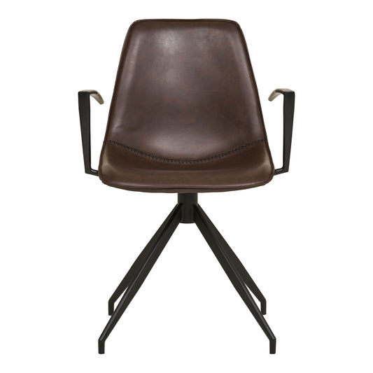 Scaun de dining rotativ cu cotiere, piele PU, maro inchis cu picioare negre