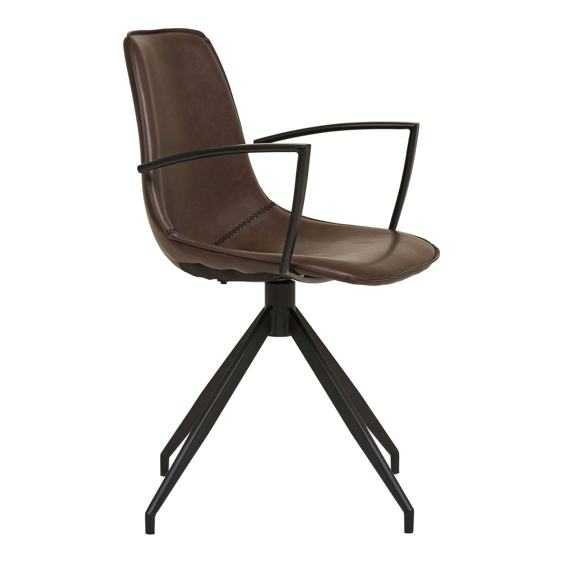 Scaun de dining rotativ cu cotiere, piele PU, maro inchis cu picioare negre