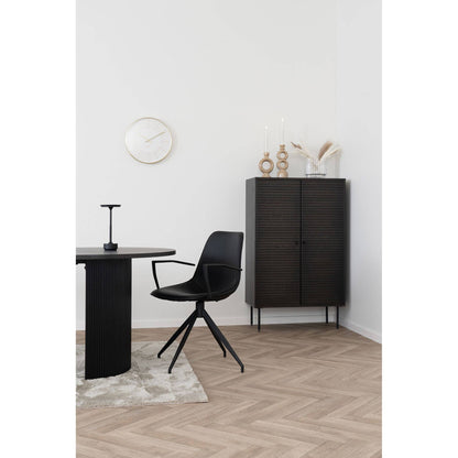 Scaun de dining rotativ, cu cotiere, piele PU, negru cu picioare negre, in living scandinav