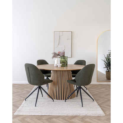 Scaun de dining rotativ, material bouclé, verde, picioare negre, in living bej