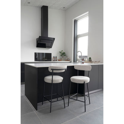 Scaun de bar rotativ, material bouclé, alb, picioare negre, in living scandinav