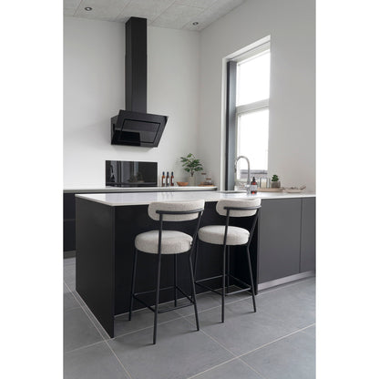 Scaun de bar rotativ, material bouclé, alb, picioare negre, in living scandinav