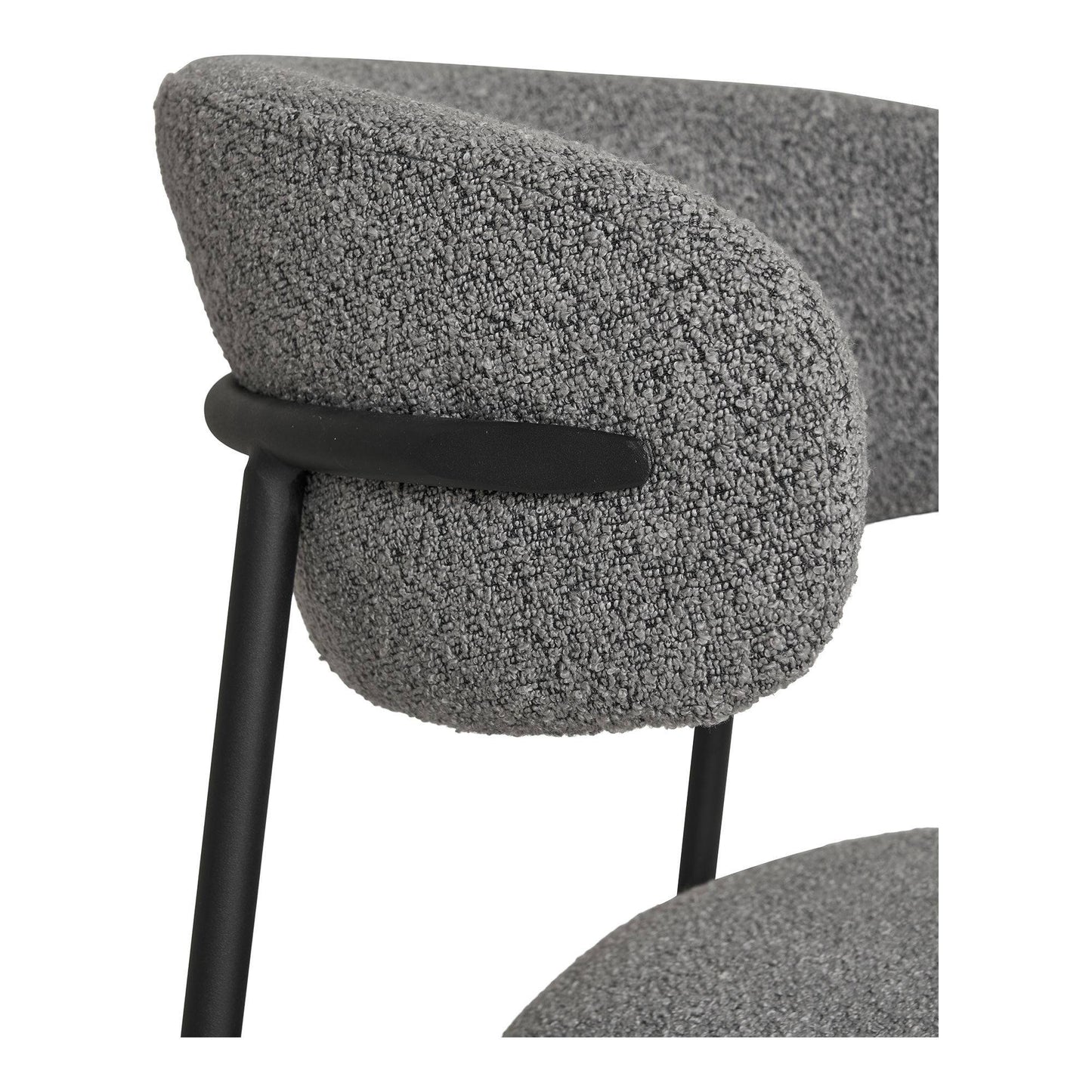 Scaun de dining, material bouclé, gri deschis, picioare negre, detaliu spatar