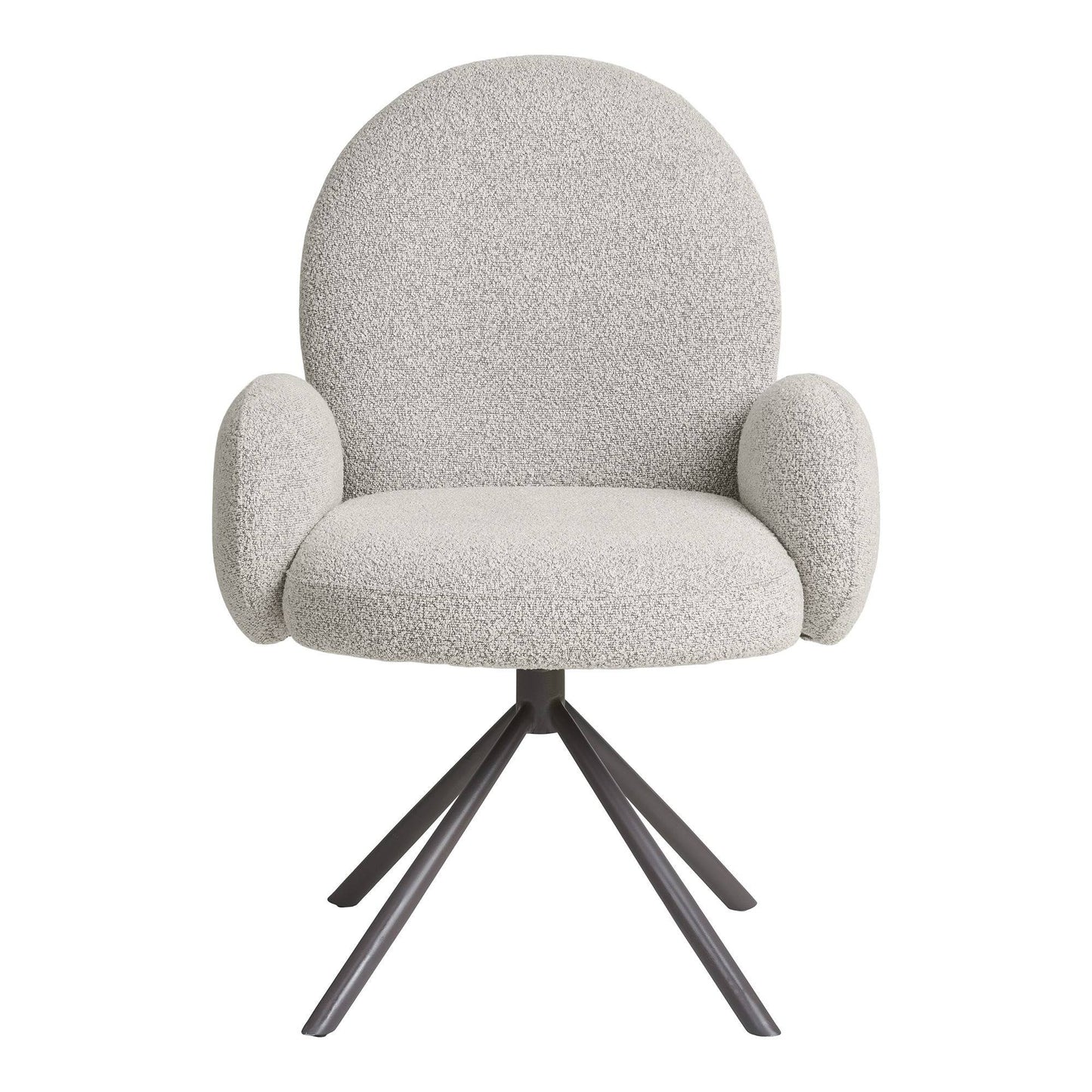Scaun de dining rotativ cu cotiera, bouclé, nisipiu, picioare gri