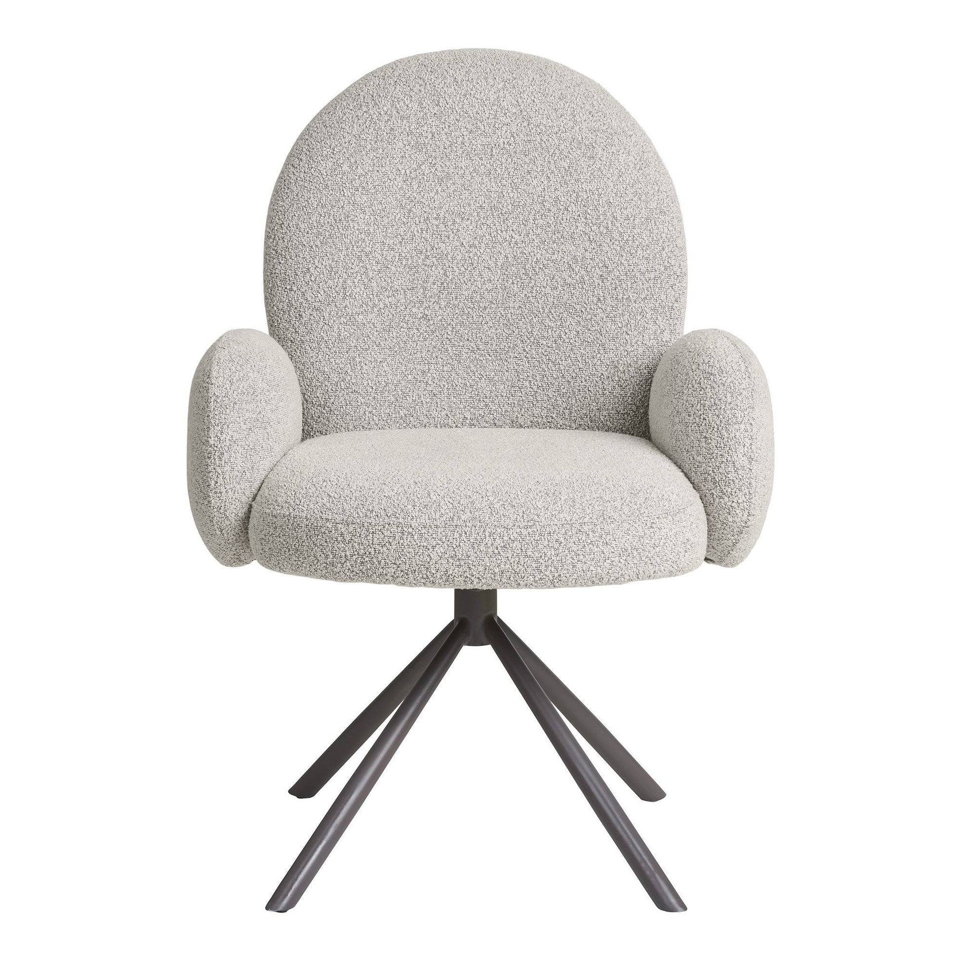 Scaun de dining rotativ cu cotiera, bouclé, nisipiu, picioare gri