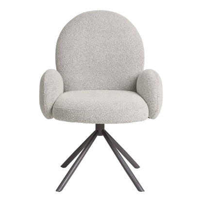 Scaun de dining rotativ cu cotiera, bouclé, nisipiu, picioare gri