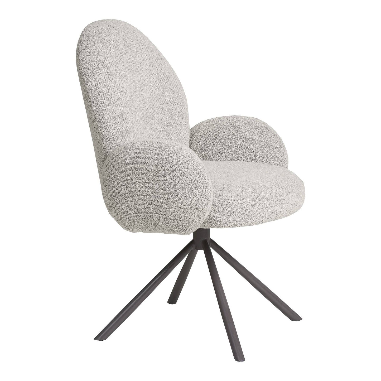 Scaun de dining rotativ cu cotiera, bouclé, nisipiu, picioare gri