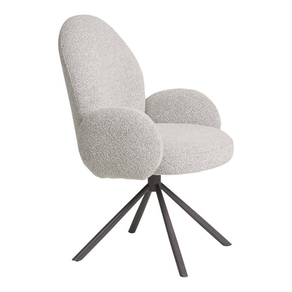 Scaun de dining rotativ cu cotiera, bouclé, nisipiu, picioare gri