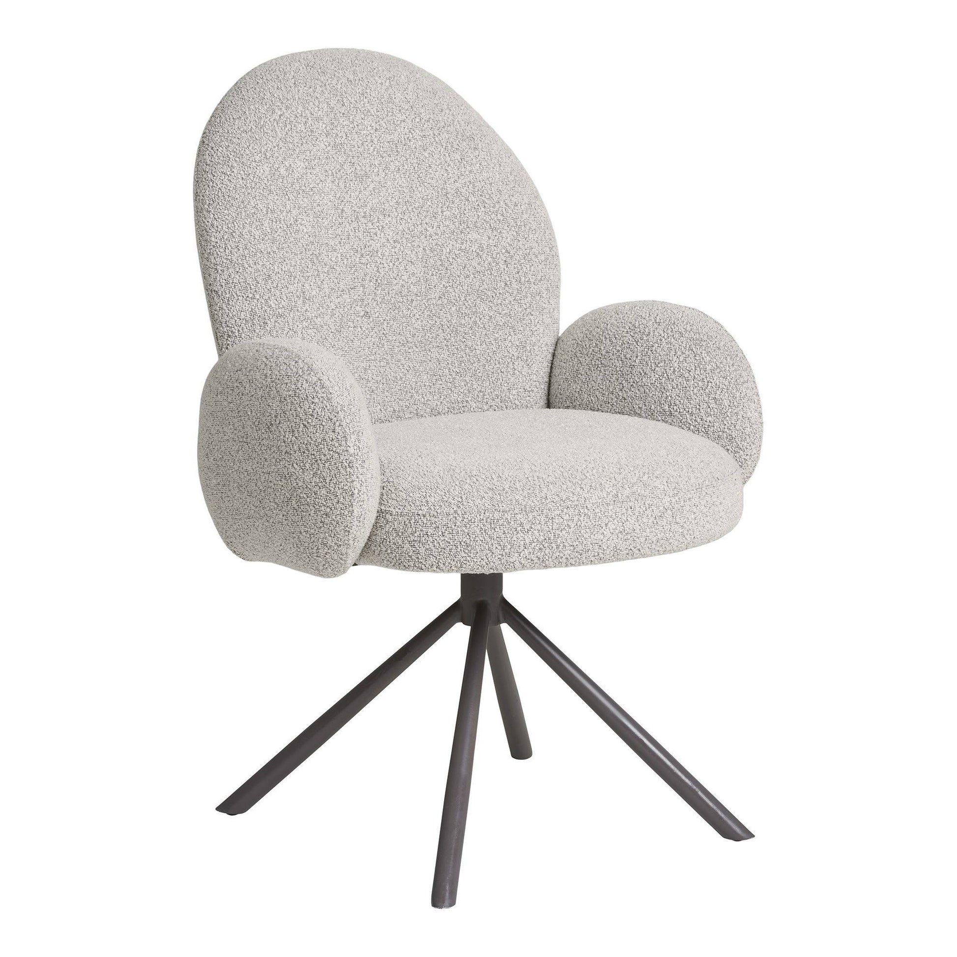 Scaun de dining rotativ cu cotiera, bouclé, nisipiu, picioare gri