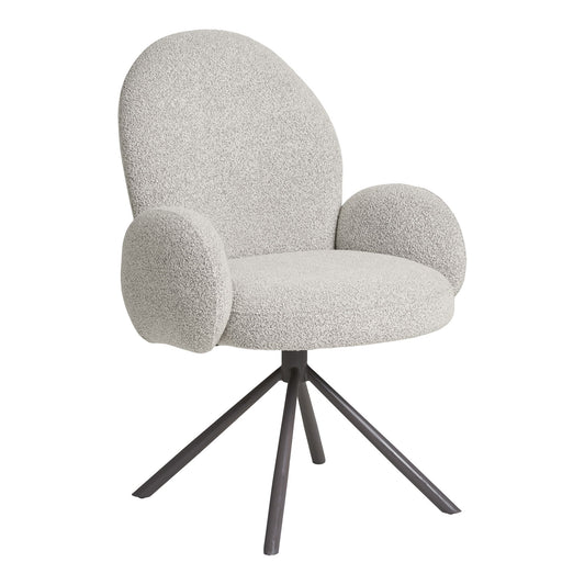 Scaun de dining rotativ cu cotiera, bouclé, nisipiu, picioare gri