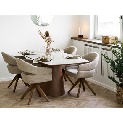 Scaun de dining rotativ, nisipiu heather, picioare din stejar maro, in living bej