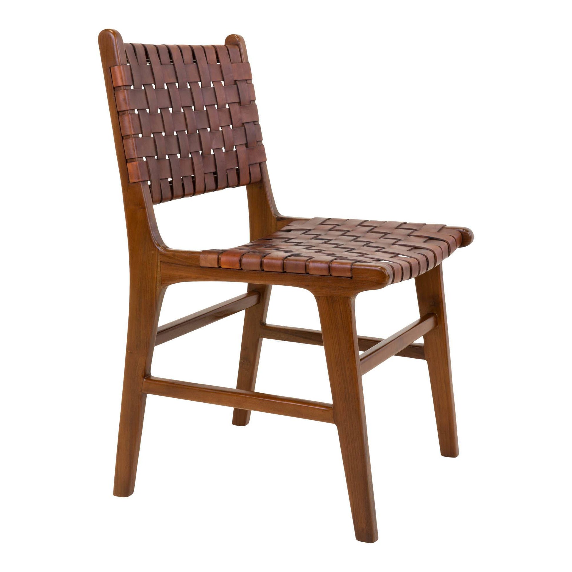 Scaun de dining din piele maro, cu picioare din tec