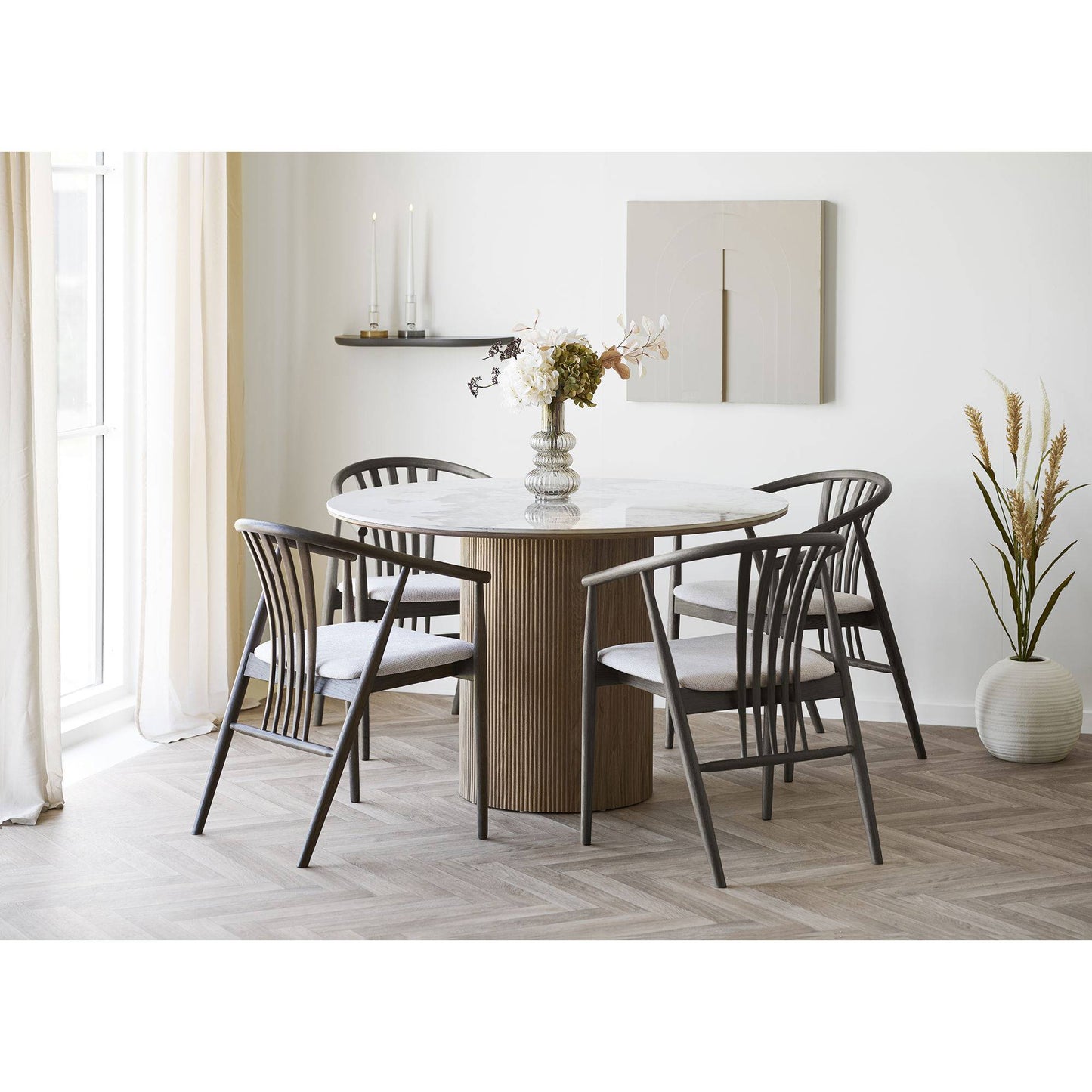 Scaun de dining lemn de stejar cu sezut textil, smoked/nisipiu