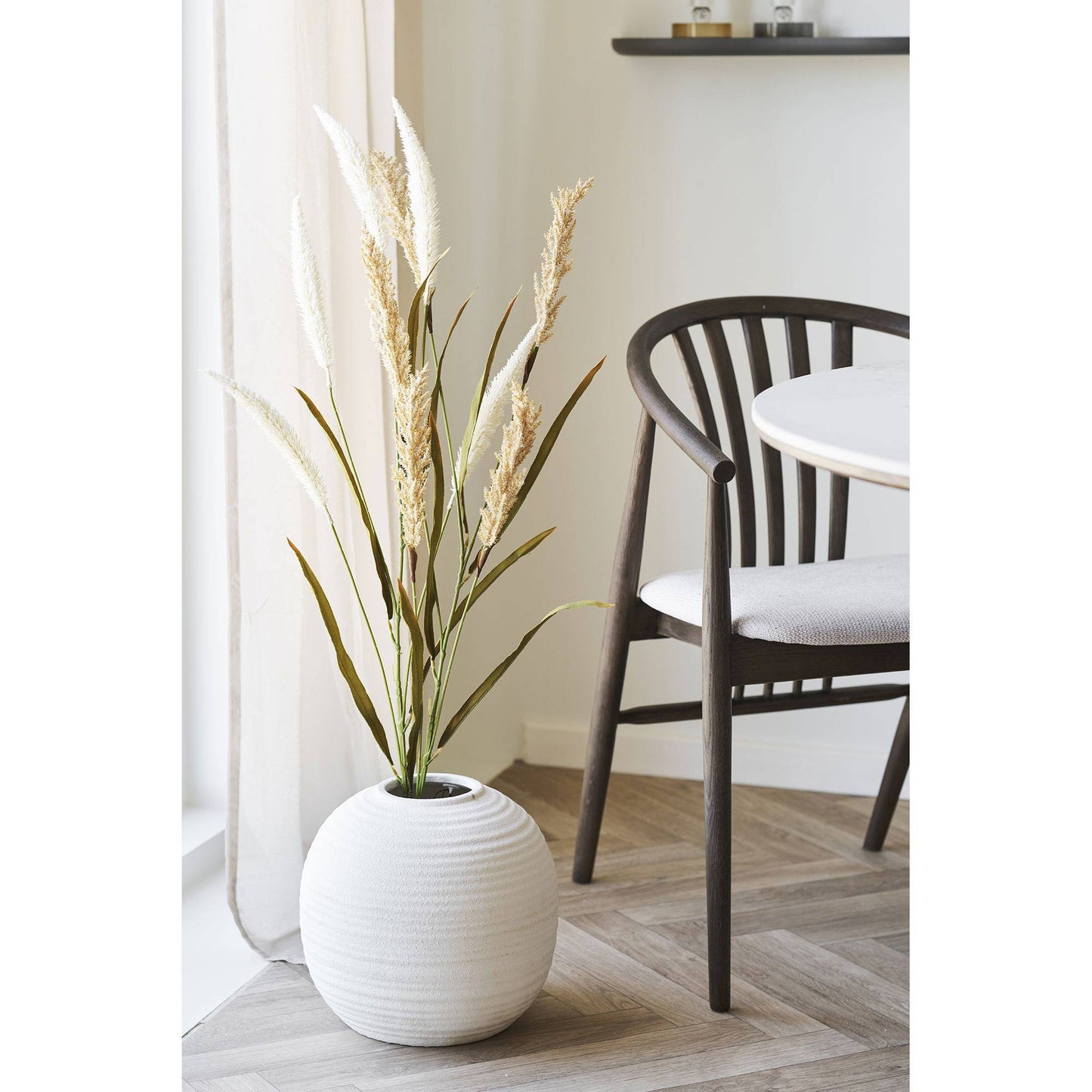 Scaun de dining lemn de stejar cu sezut textil, smoked/nisipiu