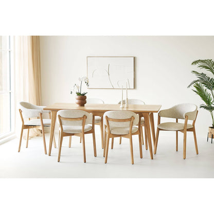 Scaun de dining cu cotiere, din lemn de stejar cu sezut textil, bej, in living bej