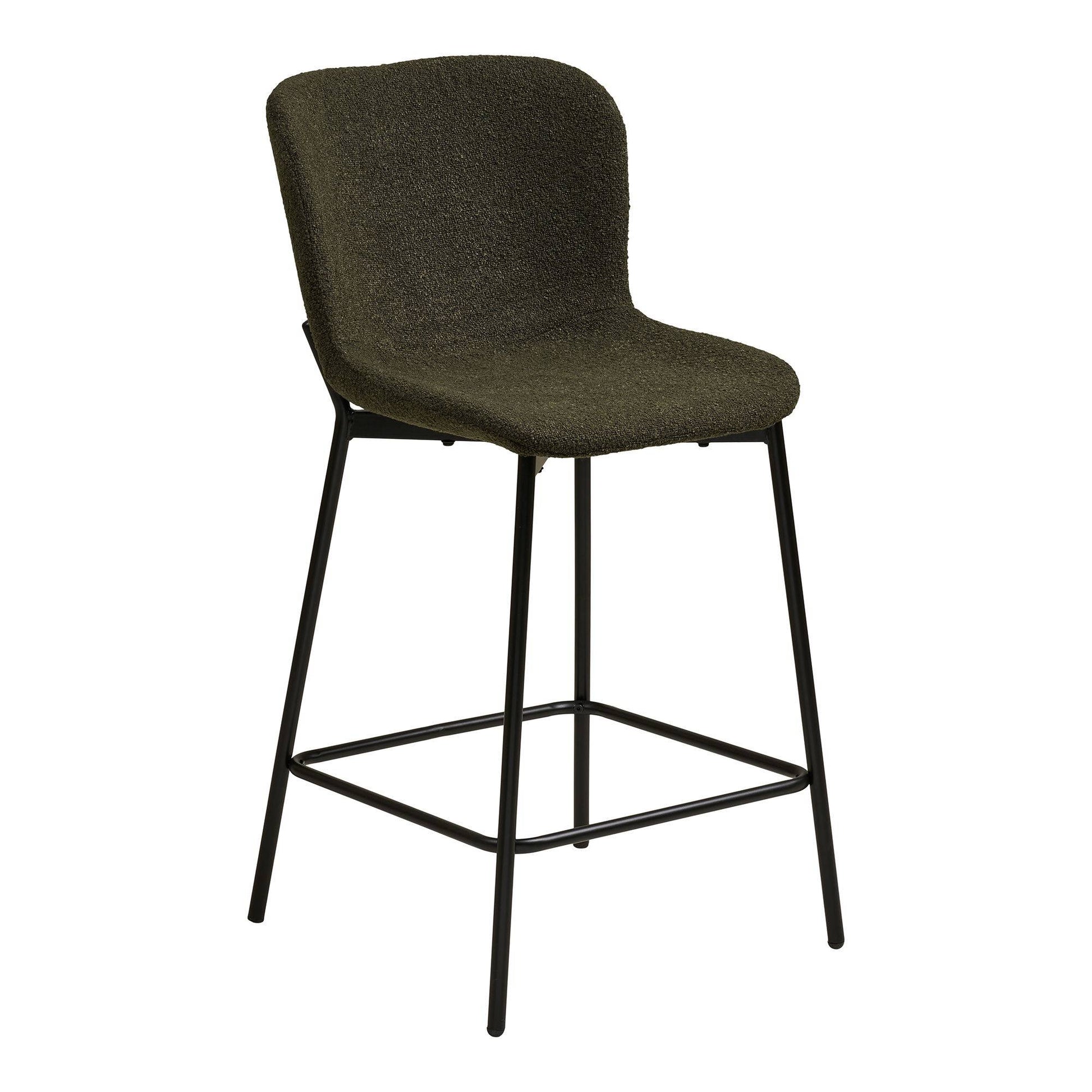 Scaun de bar din material bouclé, verde, cu picioare negre
