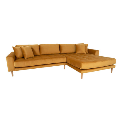 Canapea lounge cu orientare dreapta, galben mustar, din catifea, cu 4 perne si picioare din lemn natur