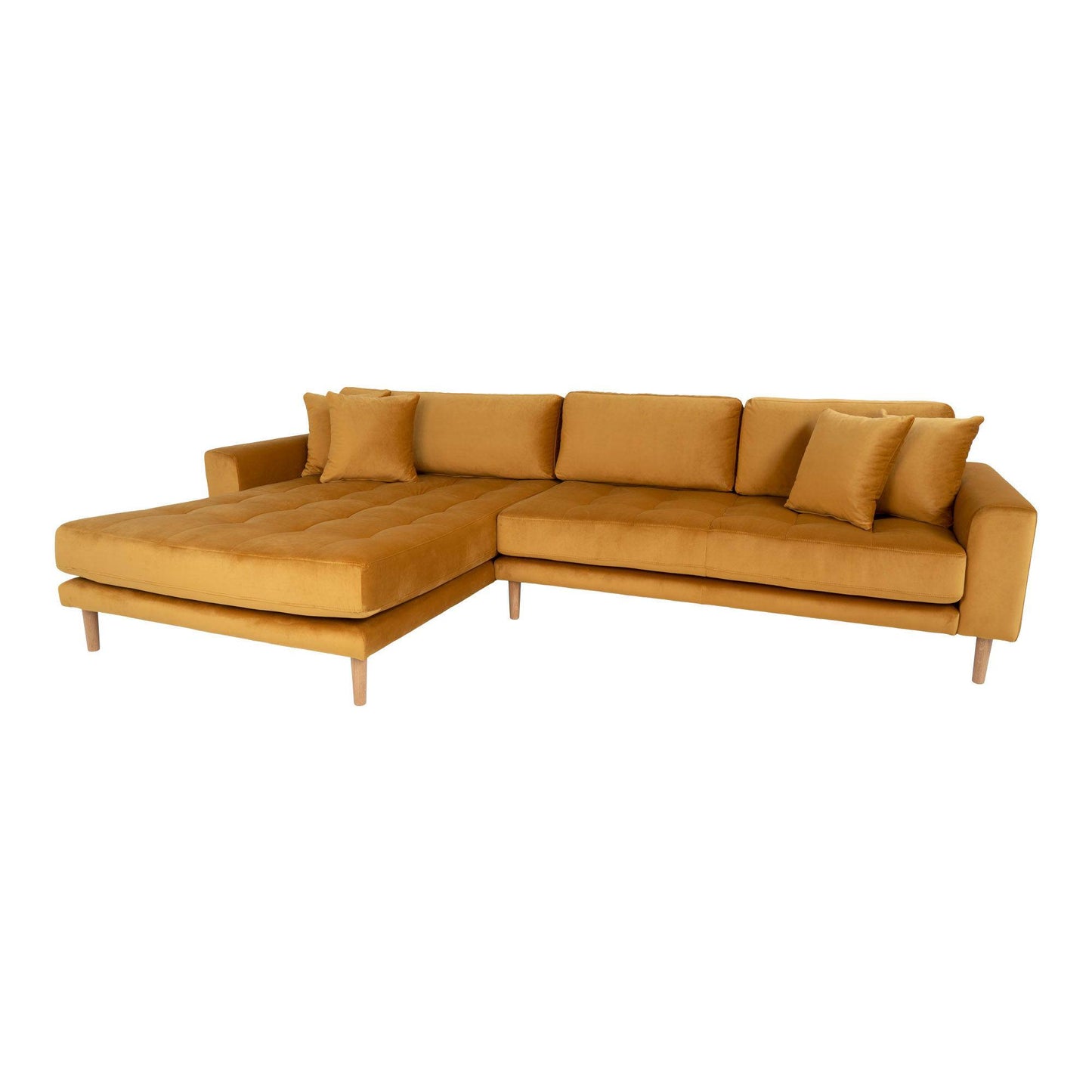 Canapea lounge cu orientare stanga, galben mustar , din catifea, cu 4 perne si picioare din lemn natur