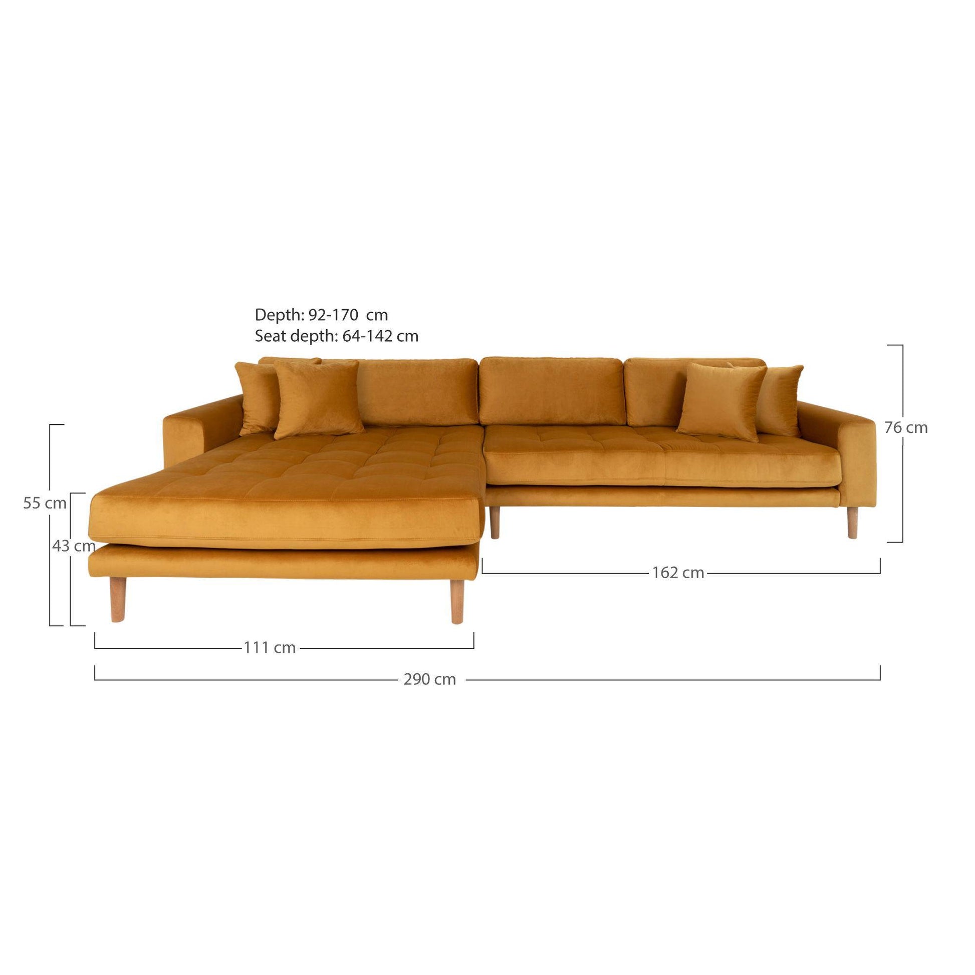 Canapea lounge cu orientare stanga, galben mustar , din catifea, cu 4 perne si picioare din lemn natur