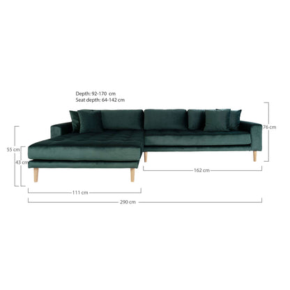  Canapea lounge cu orientare stanga, verde inchis , din catifea, cu 4 perne si picioare din lemn natur