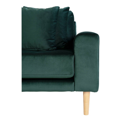  Canapea lounge cu orientare stanga, verde inchis , din catifea, cu 4 perne si picioare din lemn natur, detaliu
