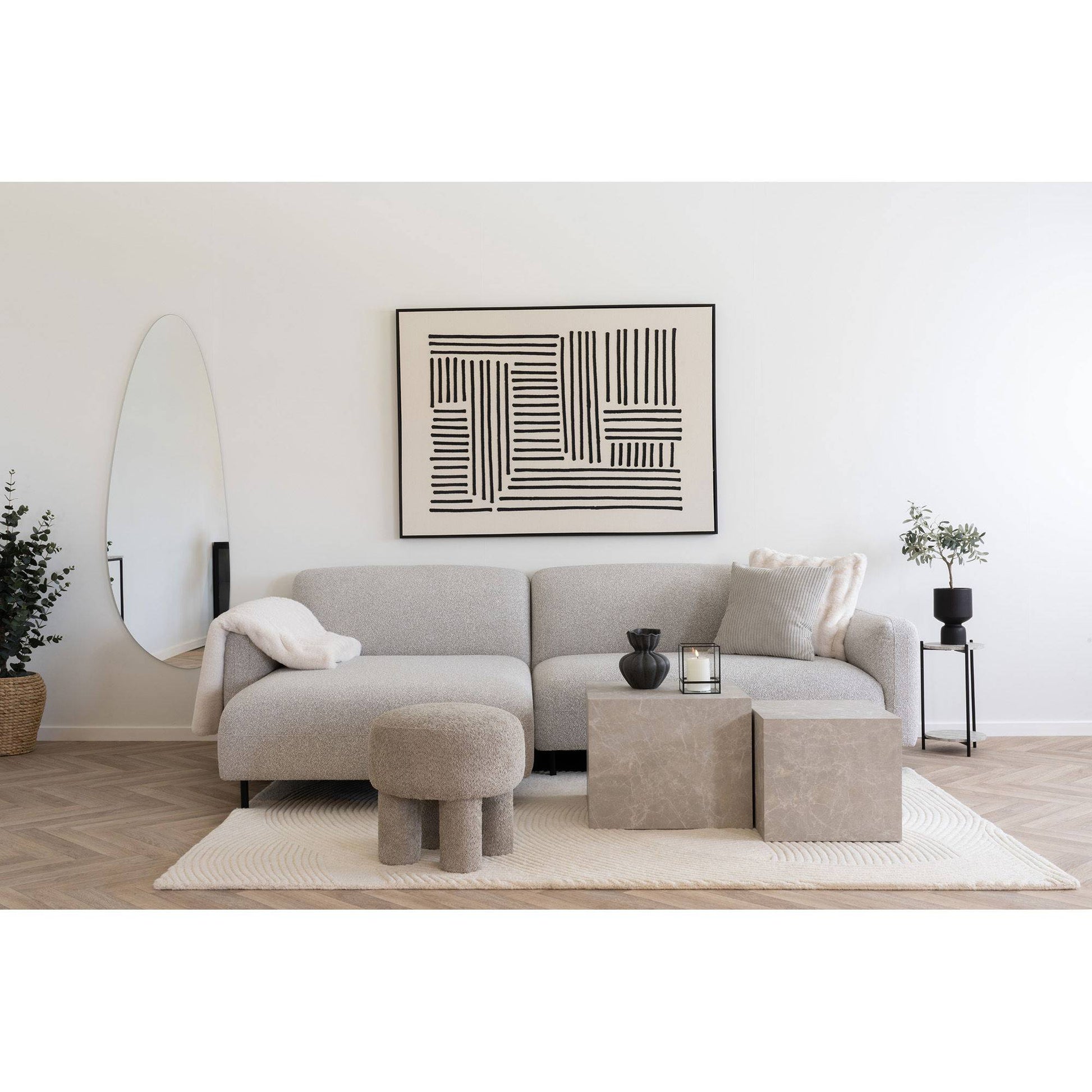 Canapea lounge, orientare stanga, bouclé, gri deschis, in living deschis
