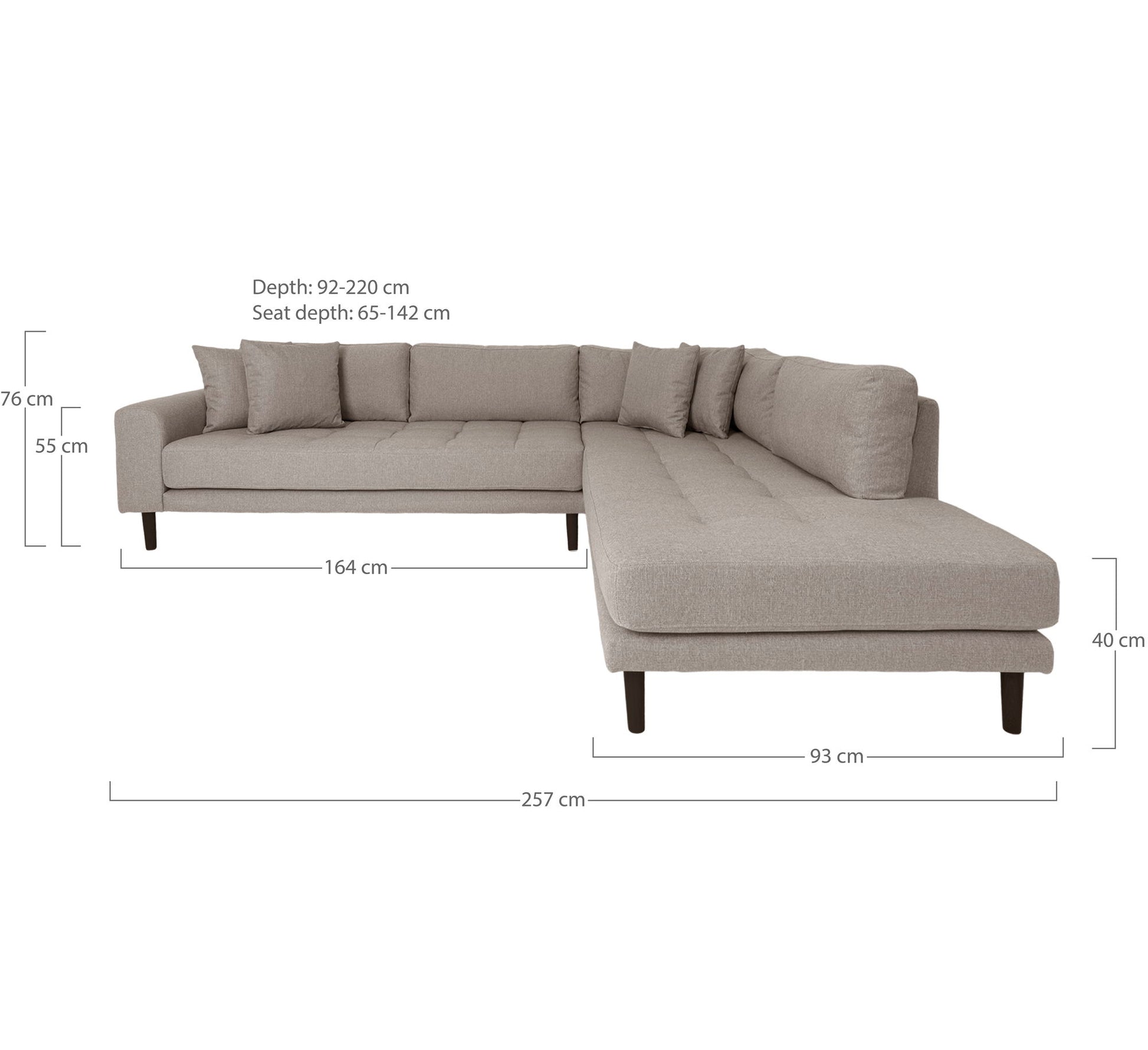Coltar cu capat deschis, orientare dreapta, culoare gri piatra cu 4 perne si picioare din lemn negru